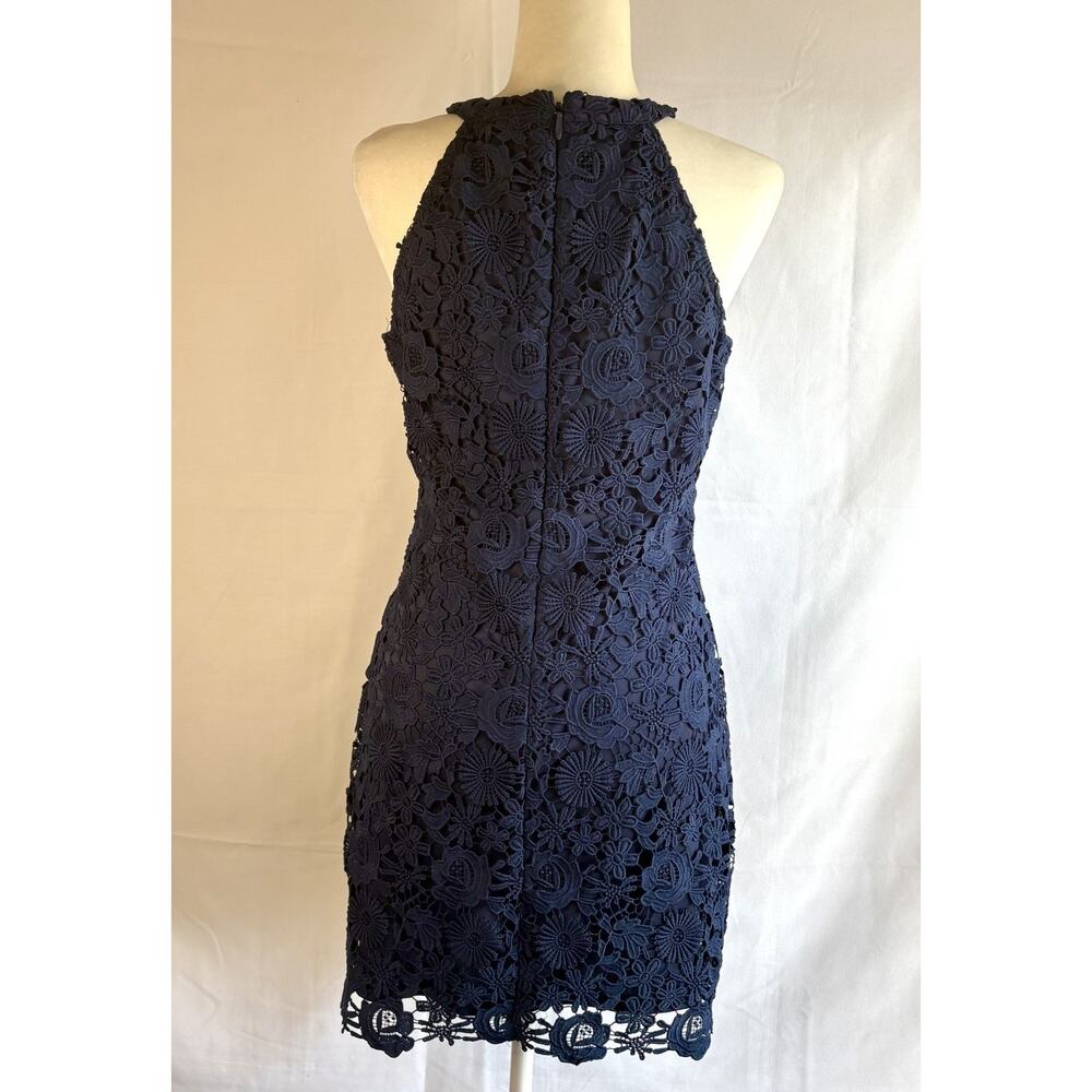 Lulus Love Poem Sz L Navy Blue Halter Neck Crochet Lace Cocktail Mini Dress - Picture 3 of 13